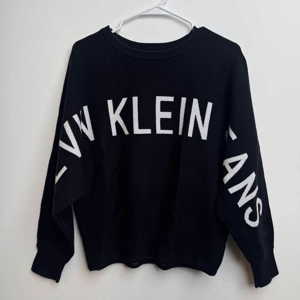 Calvin‎ Klein Big Print Women's M Black Knit Sweater Pullover Long Sleeve Cotton